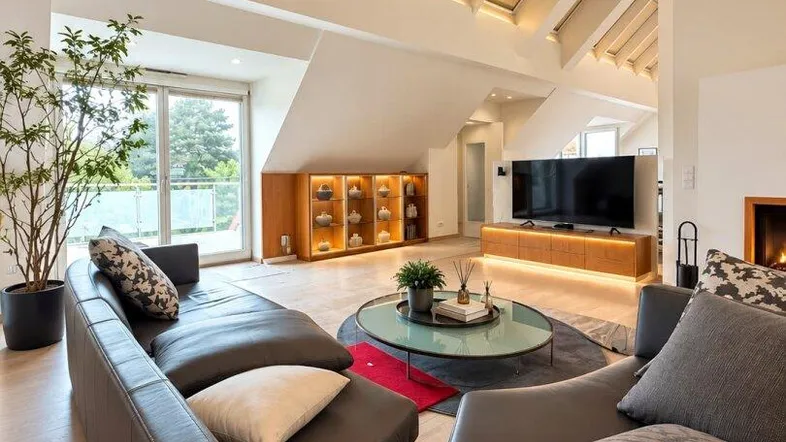 Helles Wohnzimmer im Dachgeschoss mit hohen Decken, Dachfenstern und modernem Kamin.