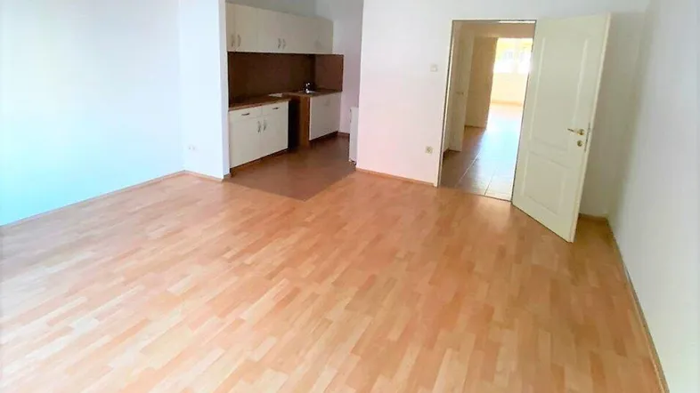 Heller Wohnbereich mit Laminatboden und integrierter Küchenzeile, ideal für offenes Wohnen.