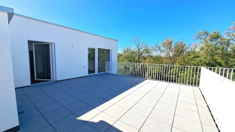 Große, geflieste Dachterrasse mit weißem Geländer und Zugang zu Innenräumen unter blauem Himmel.