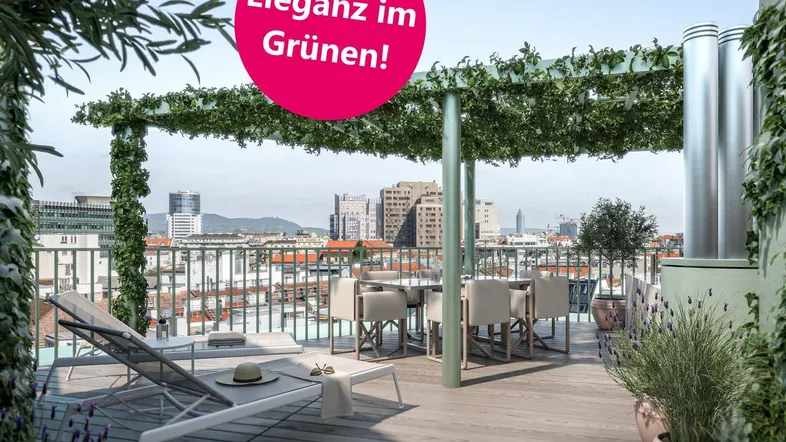 Geräumige Dachterrasse mit Pergola, Essbereich und Liegestühlen, bietet einen weiten Blick über die Stadt.