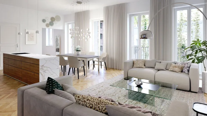 Helles, offenes Wohn-Esszimmer mit moderner Küche, Parkettboden und Zugang zu französischen Balkonen.
