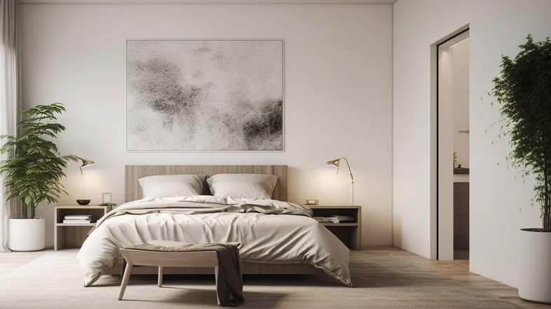 Helles, modernes Schlafzimmer mit minimalistischem Design, Holzboden und großen Pflanzen.