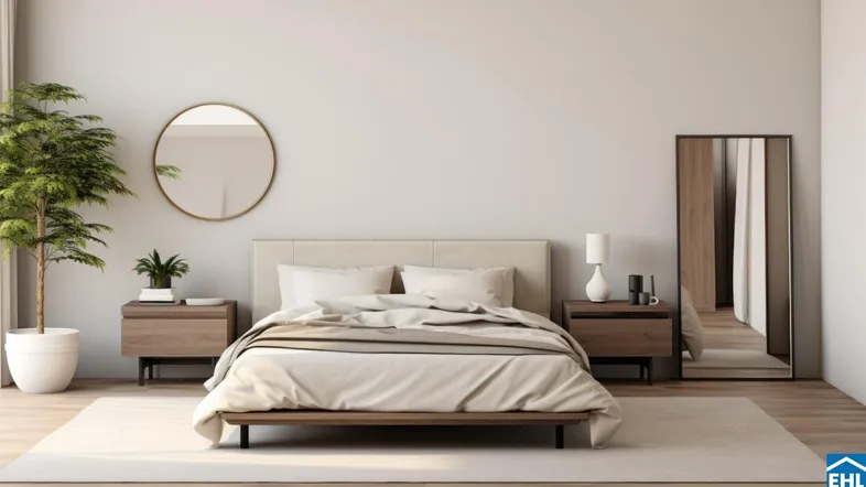 Helles und modernes Schlafzimmer mit minimalistischem Design, Holzboden und dekorativen Spiegeln.