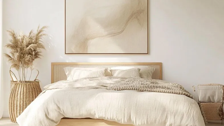Helles Schlafzimmer im modernen Boho-Stil mit Holzbett, Rattan-Elementen und minimalistischer Kunst.
