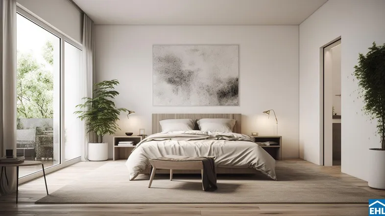 Helles, modernes Schlafzimmer mit großen Fenstern, Holzboden und Zugang zu einem Balkon.
