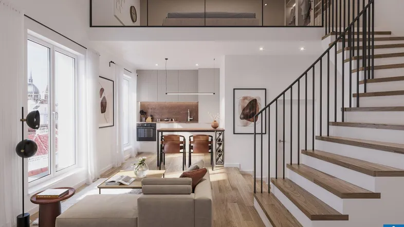 Modernes offenes Loft mit Wohnbereich, integrierter Küche und Schlafzimmer auf der Galerie.