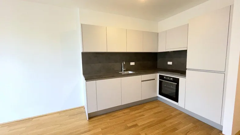 Moderne Einbauküche mit hellen Schränken, dunkler Arbeitsplatte und Holzfußboden.