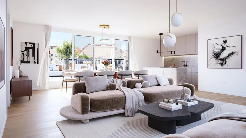 Heller, offener Wohn- und Essbereich mit integrierter Küche und Zugang zur Terrasse.