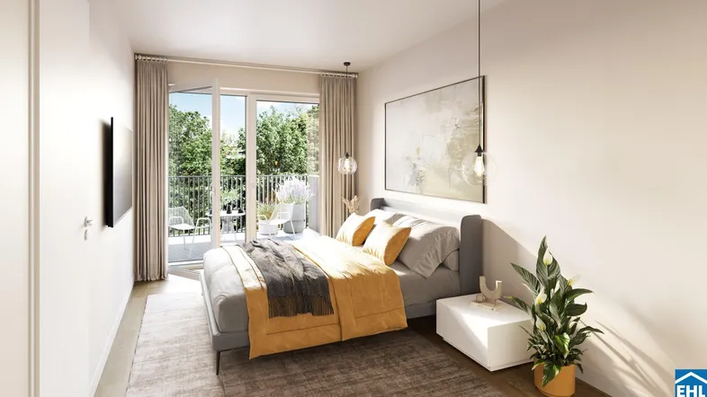 Helles Schlafzimmer mit Zugang zum Balkon, modernem Bett und Blick ins Grüne.