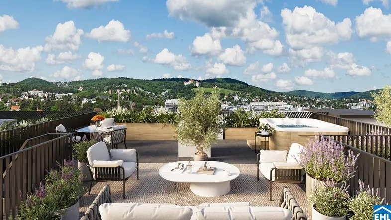 Geräumige Dachterrasse mit Whirlpool, Lounge-Möbeln und weitem Blick über die Stadt und Hügel.