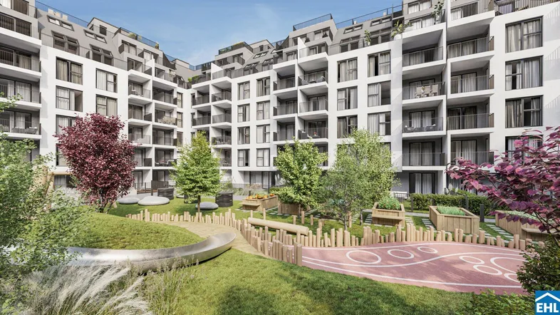 Visualisierung eines modernen Apartmentkomplexes mit begrüntem Innenhof und Kinderspielplatz.