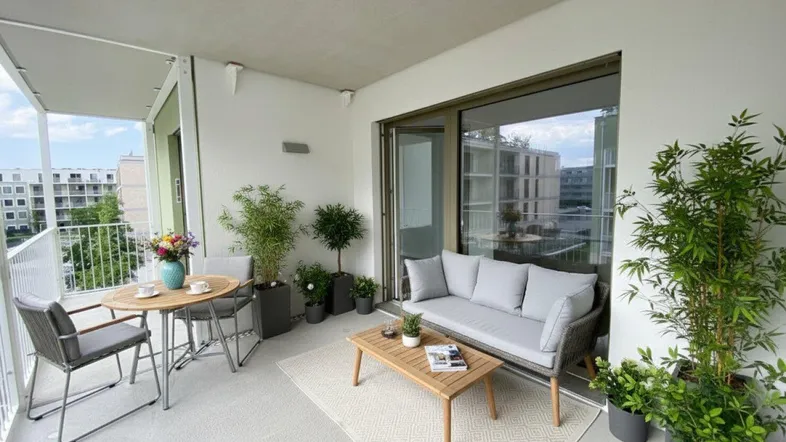 Geräumiger Balkon mit moderner Sitzgruppe, vielen Pflanzen und Blick auf die Umgebung.