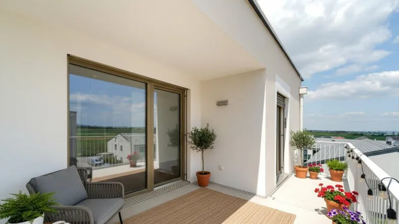 Möblierter Balkon mit bequemen Sitzgelegenheiten, Pflanzen und weitem Blick in die Landschaft.