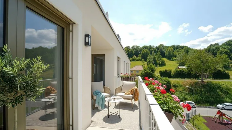 Sonniger Balkon mit modernen Sitzgelegenheiten, Blumenkästen und weitem Blick ins Grüne sowie auf einen Spielplatz.