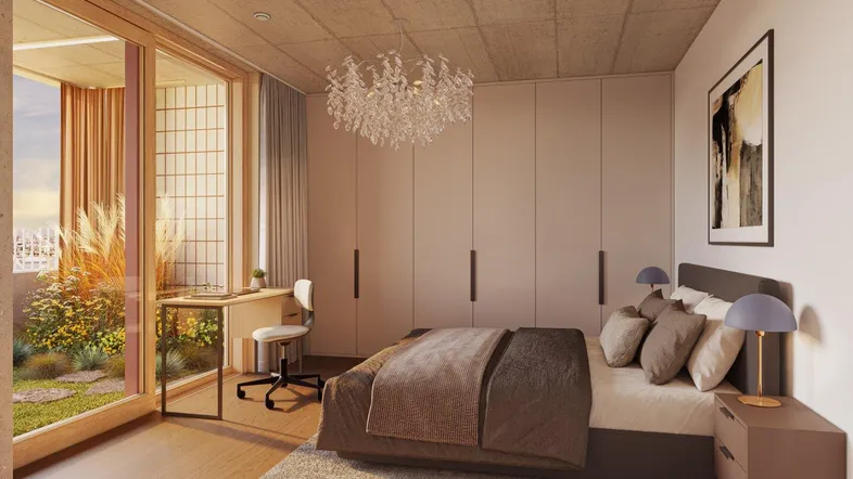 Helles Schlafzimmer mit Holzboden, Einbauschränken und Zugang zu einem begrünten Außenbereich.