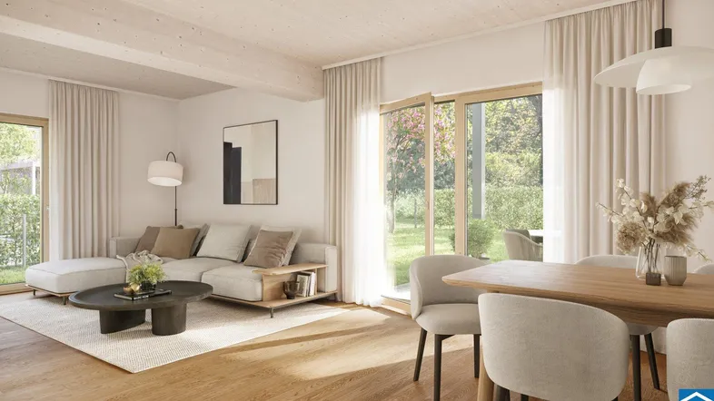 Helles, offenes Wohn-Esszimmer mit Holzboden, großen Fenstern und Blick ins Grüne.