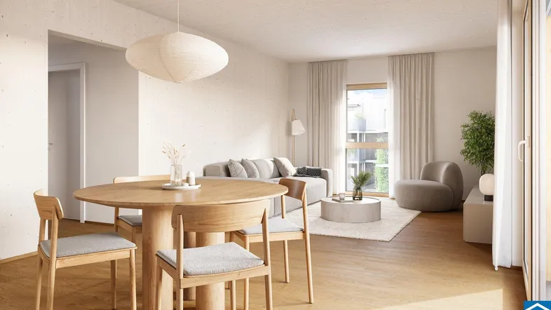 Helles, offenes Wohn-Esszimmer mit modernem Holztisch, bequemer Couch und Zugang zum Außenbereich.
