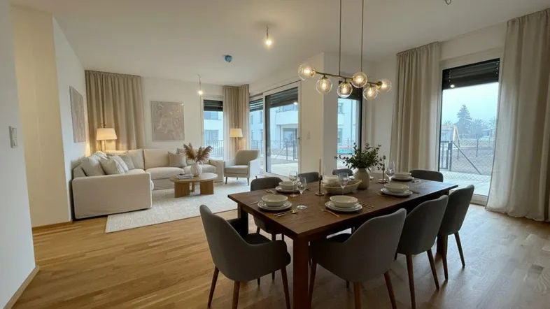 Heller, modern eingerichteter Wohn-Essbereich mit Holzboden, großem Esstisch und Zugang zur Terrasse.