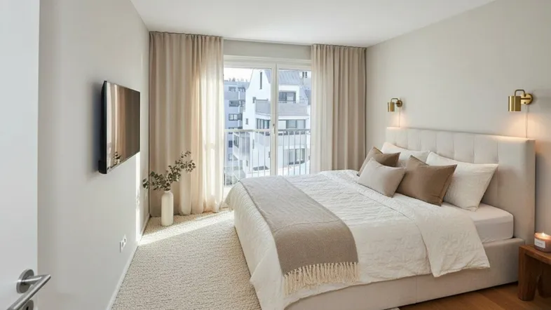 Modern eingerichtetes Schlafzimmer mit Teppichboden, Doppelbett und Zugang zum Balkon.