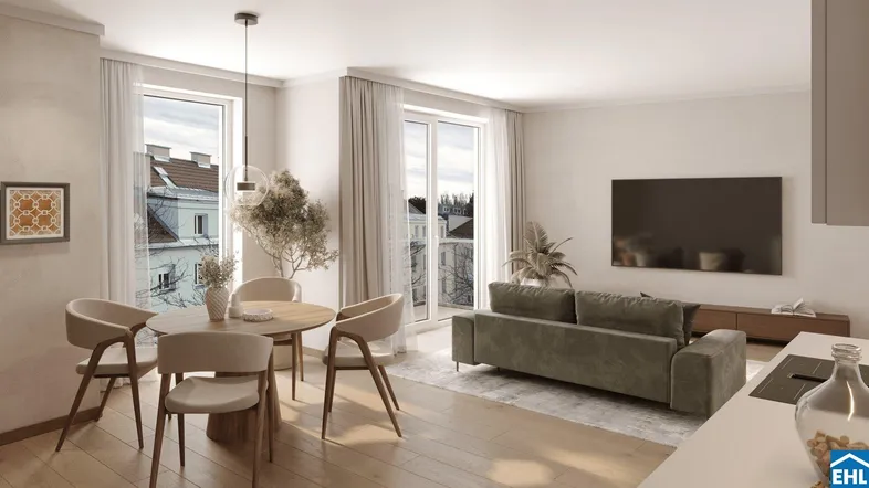 Helles, modernes Wohn-Esszimmer mit Holzboden, großen Fenstern und Zugang zu einem Balkon.