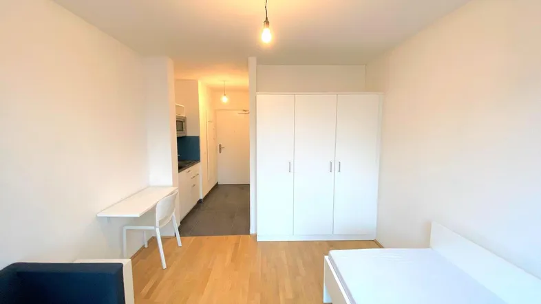 Helles Studio-Apartment mit Holzboden, Schlafbereich, Wohnbereich und integrierter Küchenzeile.