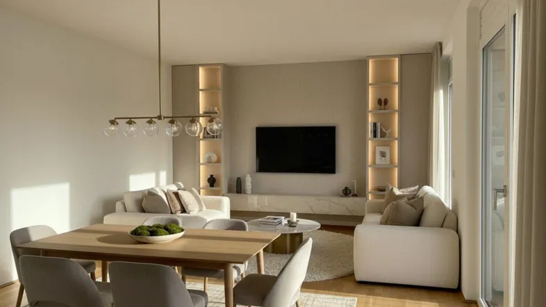 Modern eingerichteter Wohn-Essbereich mit Holzboden, stilvoller Beleuchtung und Zugang zum Balkon.