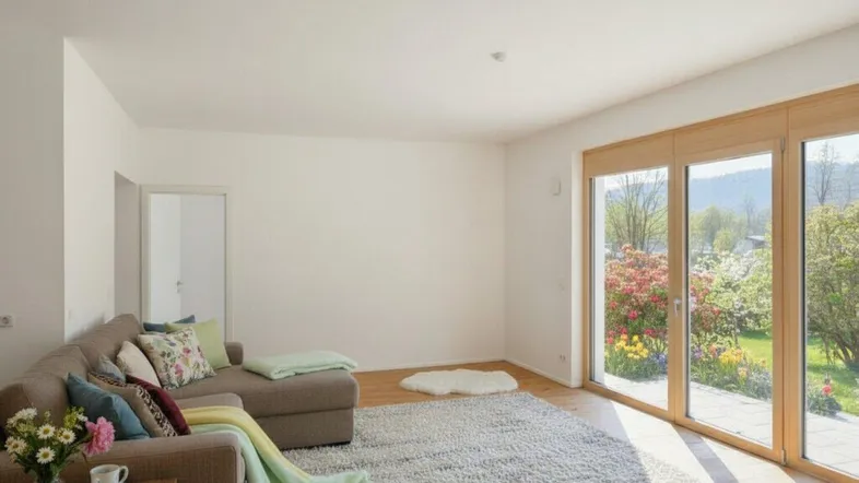 Helles Wohnzimmer mit großen Fenstern, Holzboden und direktem Zugang zum Garten.