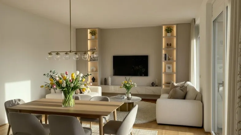 Heller, offener Wohn-Essbereich mit modernem Design, Holzboden und integrierten Regalen.