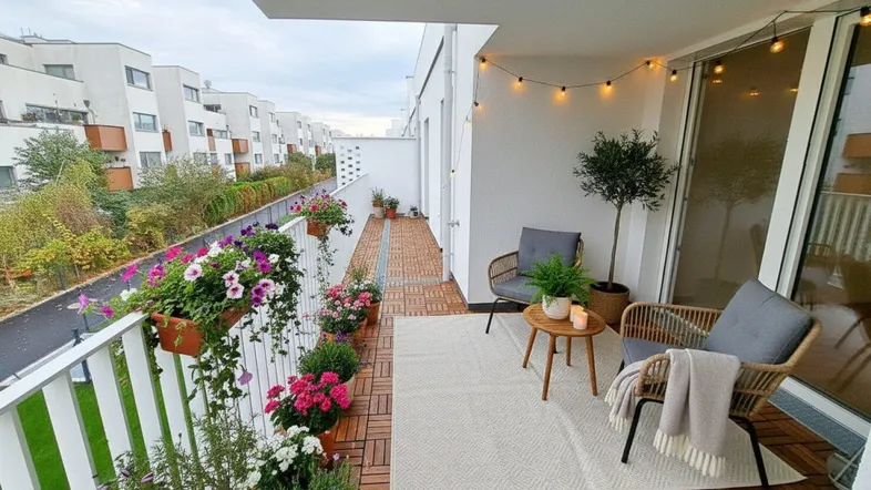 Gemütlicher Balkon mit Holzboden, Blumenkästen und Lichterkette, ideal zum Entspannen im Freien.