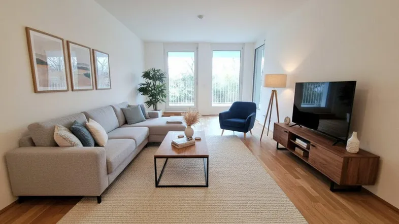 Helles Wohnzimmer mit modernem Sofa, Holzboden und Zugang zu einem Balkon mit grüner Aussicht.