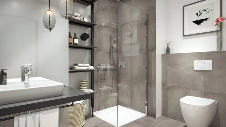 Modernes Badezimmer mit ebenerdiger Dusche, elegantem Waschtisch und Wand-WC in Grautönen.
