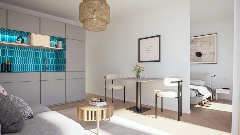 Modernes Studio-Apartment mit integrierter Küchenzeile, Essbereich und Schlafbereich in hellem Design.