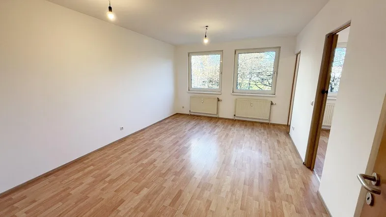 Helles, leeres Zimmer mit Laminatboden und zwei Fenstern, ideal als Wohn- oder Schlafbereich.