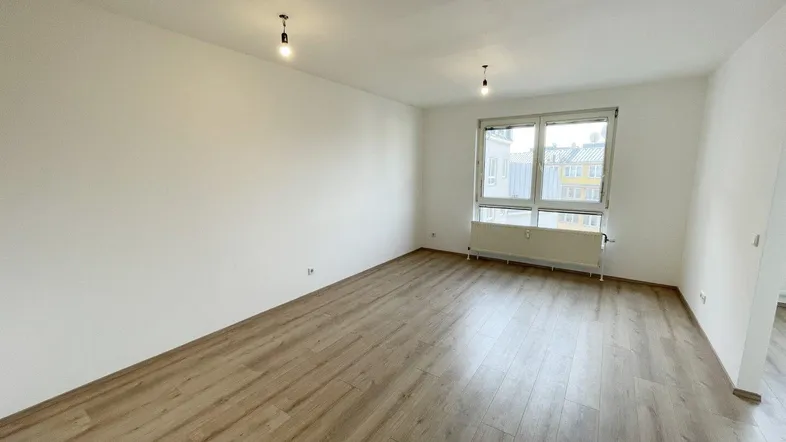 Helles, leeres Zimmer mit Laminatboden und großem Fenster, bereit zur individuellen Gestaltung.
