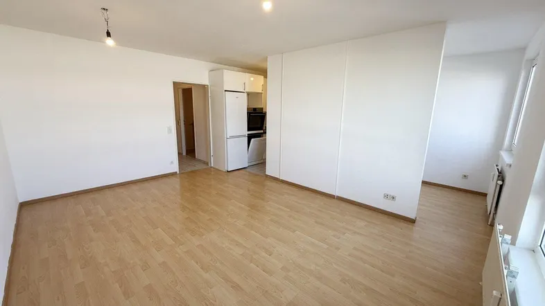 Heller Wohnbereich mit Laminatboden und Blick auf den angrenzenden Küchenbereich.