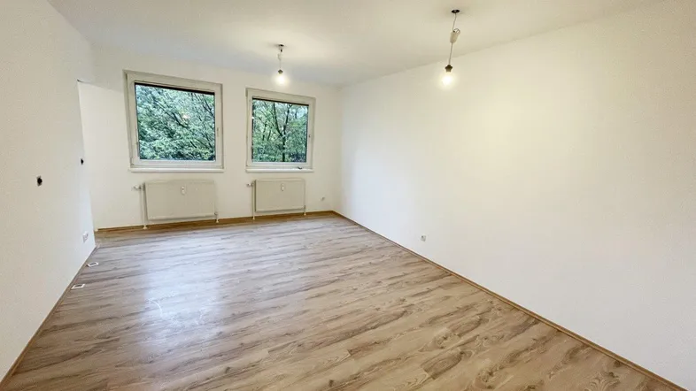 Heller Wohnraum mit Laminatboden, weißen Wänden und Blick ins Grüne durch zwei Fenster.
