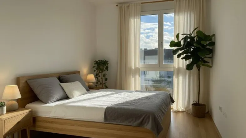 Helles Schlafzimmer mit Holzbett, Parkettboden und Blick ins Grüne durch das Fenster.