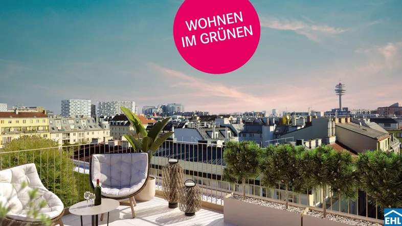 Geräumige Dachterrasse mit modernen Gartenmöbeln, Pflanzen und weitem Blick über die Stadt.