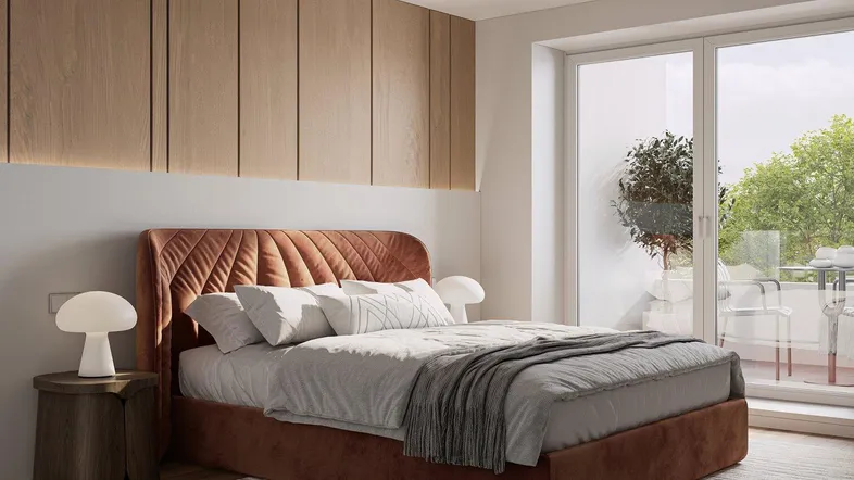Modernes Schlafzimmer mit Holzwandverkleidung, großem Bett und Zugang zu einem Balkon.