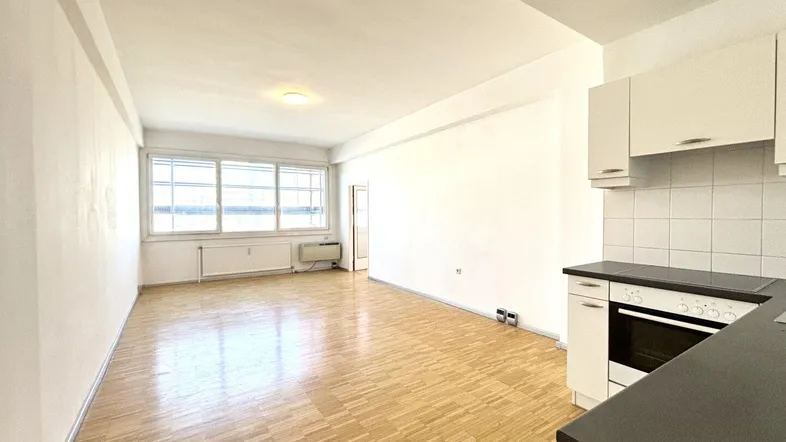 Heller Wohnbereich mit Parkettboden und integrierter Küchenzeile, ideal für offenes Wohnen.