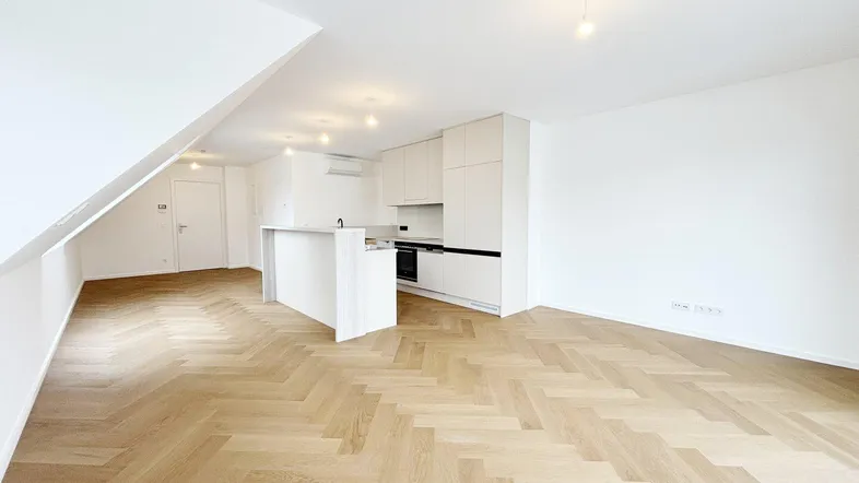 Modernes, offenes Wohnzimmer mit integrierter Küche, Fischgrätparkett und hohen Decken.