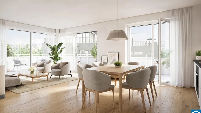 Heller, offener Wohn- und Essbereich mit modernem Design, Holzboden und Zugang zum Balkon.