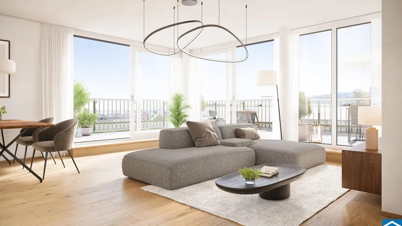 Helles, modernes Wohnzimmer mit Holzboden, großen Fenstern und Zugang zur Dachterrasse.