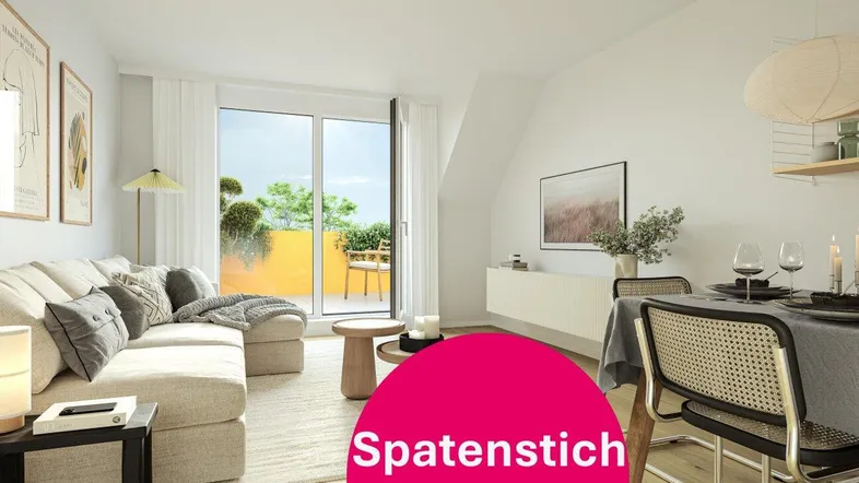 Heller, moderner Wohn- und Essbereich mit Holzboden und direktem Zugang zu einer sonnigen Terrasse.