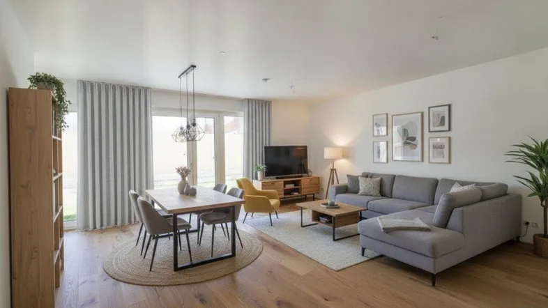 Helles, offenes Wohn- und Esszimmer mit modernem Mobiliar, Holzboden und Zugang zur Terrasse.
