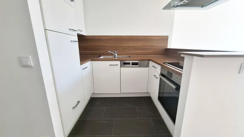 Moderne Einbauküche mit weißen Schränken, dunklen Fliesen und integrierten Geräten.