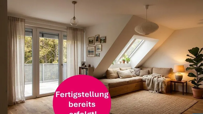 Helles Wohnzimmer im Dachgeschoss mit Dachschräge, Zugang zum Balkon und gemütlicher Sitzecke.