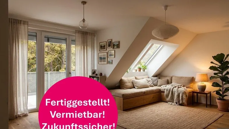 Helles Wohnzimmer mit Dachschrägen, Holzboden und Zugang zu einem Balkon.