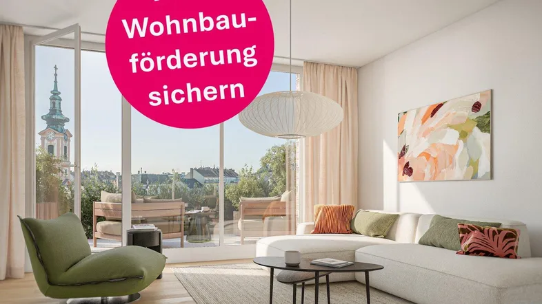 Helles Wohnzimmer mit modernem Sofa, Zugang zur Terrasse und Blick auf eine Kirche.