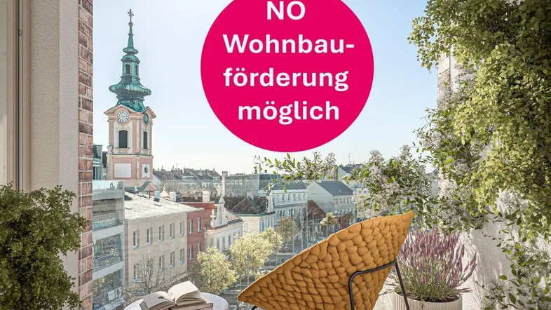 Gemütlicher Balkon mit modernem Mobiliar, Pflanzen und weitem Blick über die Stadt.